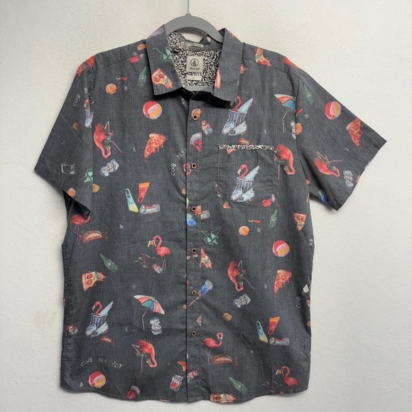 Volcom Modern Fit Shirt L Short Sleeve Button Down Collared Pizza Flamingo Beach - Picture 1 of 7